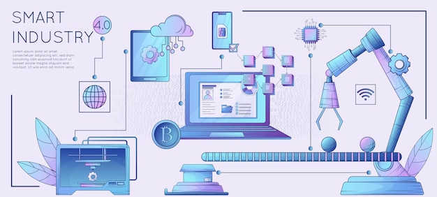 Smart industry 4.0 tecnologie innovative poster orizzontale piatto con produzione robotica blockchain illustrazione vettoriale di cloud computing per la stampa 3d