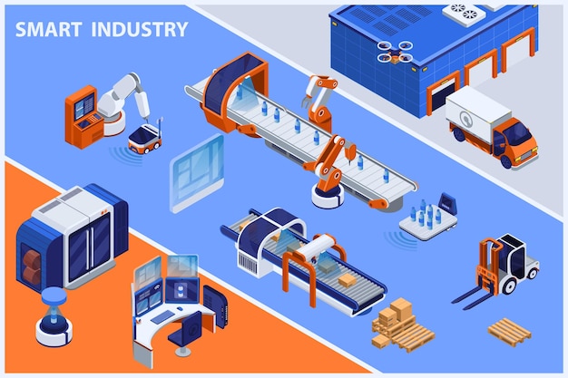 Free vector smart industry isometric background with conveyor production symbols vector illustration