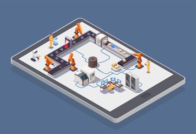 Free vector smart industry isometric composition with automated robots working on factory 3d isometric