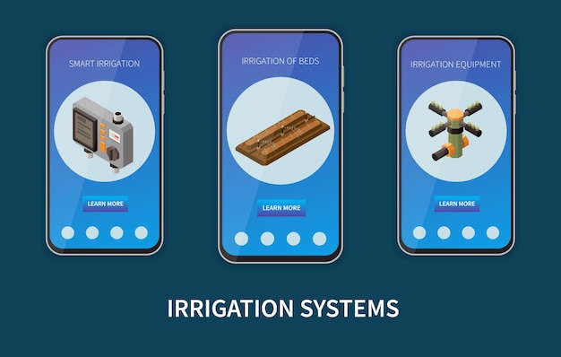 Free vector smart irrigation systems isometric mobile app set with information about equipment for gardening vector illustration