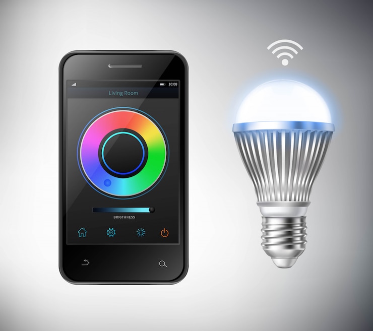 A smart lighting bulb controlled by a mobile phone app for customized outdoor lighting.