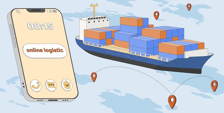 Free Vector smart logistics with cargo ship containers and huge smartphone