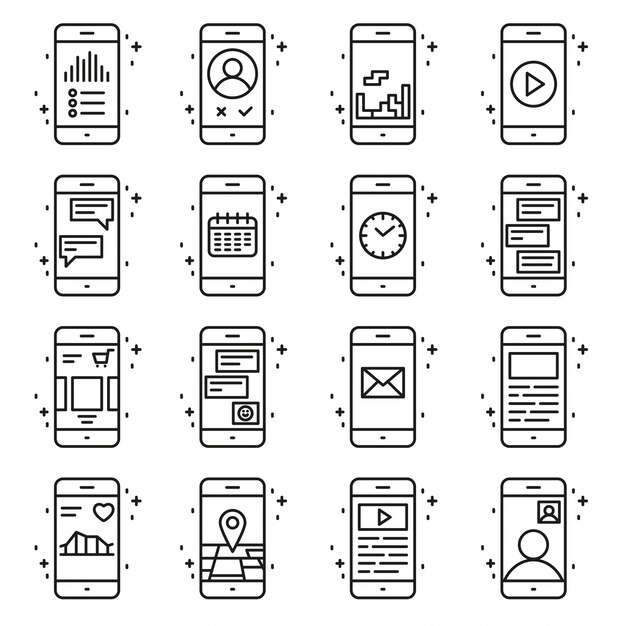 Smart phone functions and apps vector icon set in outline style. Mobile collection sign line illustration.