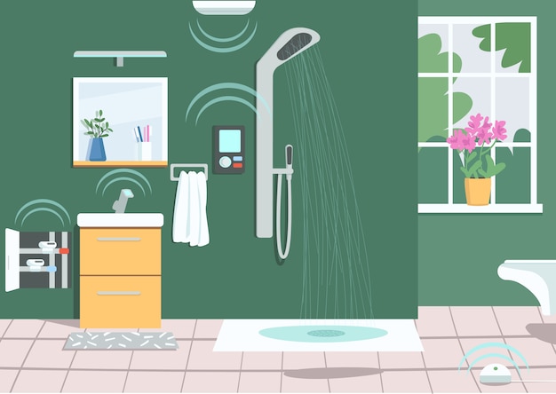 Smart shower color illustration. internet technology, modern wireless technology in domestic life. empty bathroom cartoon interior with intelligent appliances on background