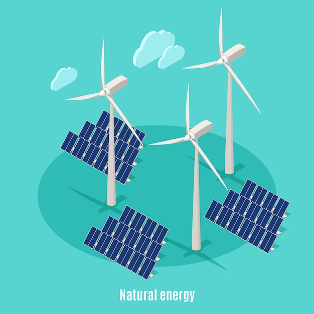 Smart urban ecology isometric background with text and images\
of windmills turbine towers and solar batteries