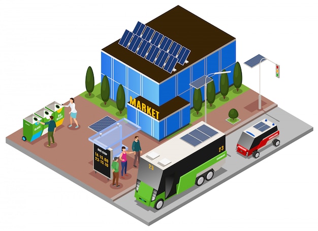 Free vector smart urban ecology isometric composition with building solar batteries and refuse bins with electric omnibus stop