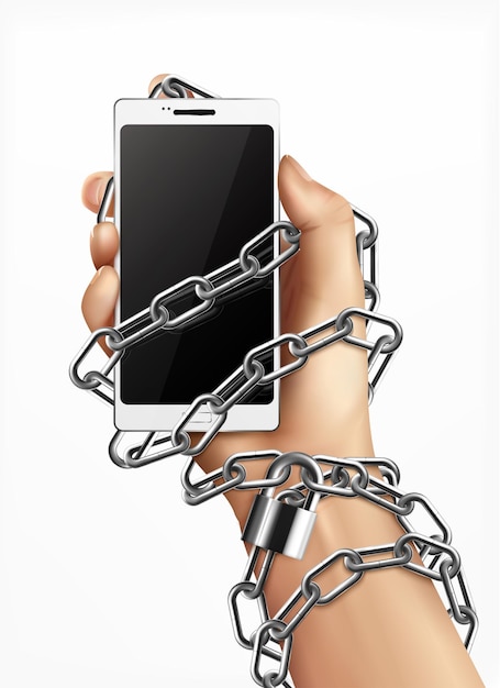 Smartphone addiction realistic design concept with human hand wrapped in  chain and holding gadget