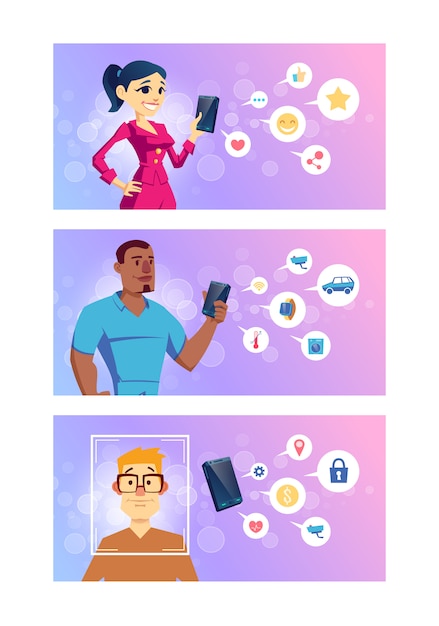 Smartphone apps for social networks, smart technologies, online banking and navigation cartoon 