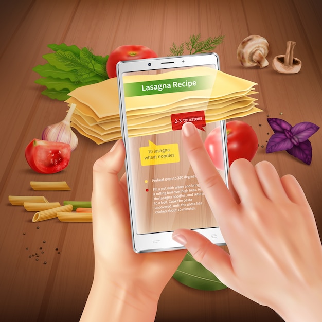スマートフォンの仮想現実タッチスクリーン調理アプリケーションは、レシピのリアルな構成を示唆するラザニア成分を認識します