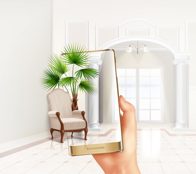 Smartphone augmented virtual reality touch screen interior application helps placing plants and furniture realistic composition