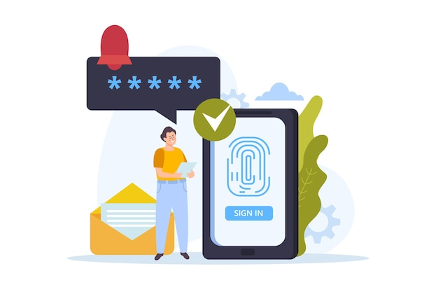 Free vector smartphone data protection flat composition with human character password bubble fingerprint sign in screen and letter vector illustration