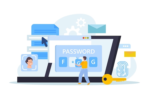 Free vector smartphone data protection flat composition with laptop computer screens and human character inserting letters into password vector illustration