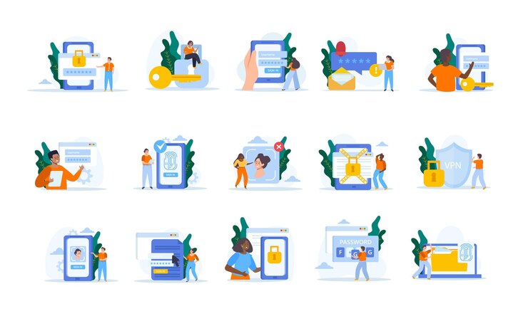 Free Vector smartphone data protection set of isolated compositions with flat icons of gadgets locks and doodle people vector illustration