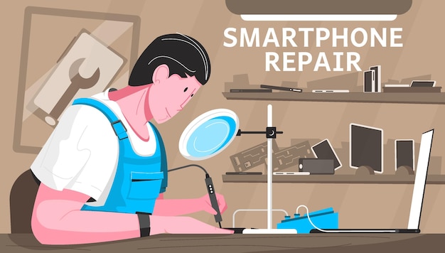 Free vector smartphone repair flat composition with workshop and master works with a soldering iron