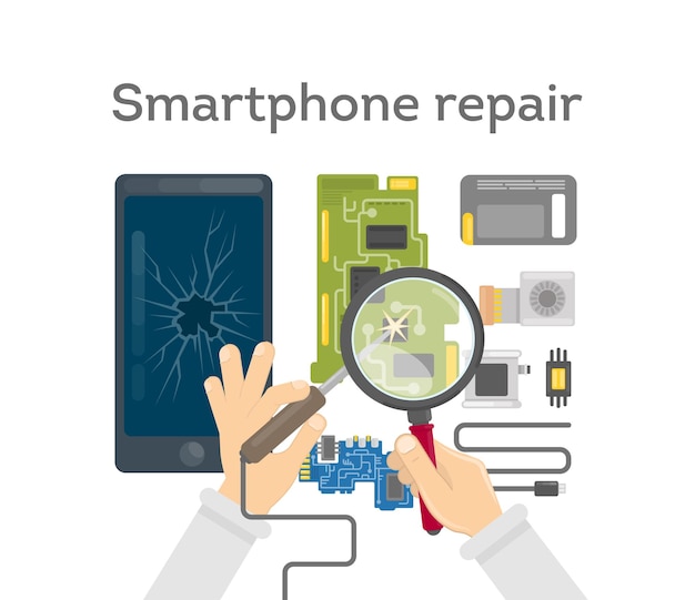 Lavori di riparazione di smartphone mani con strumenti di riparazione per telefono rotto