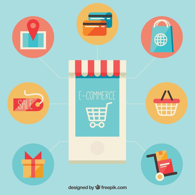 Smartphone and shopping symbols with flat design