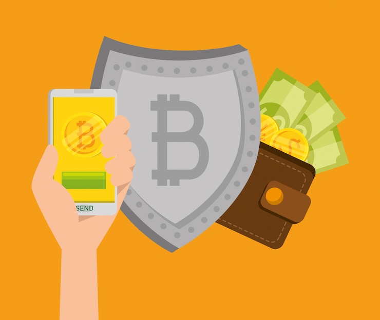 Бесплатный Вектор смартфон с биткойн валютой и щит с векселями