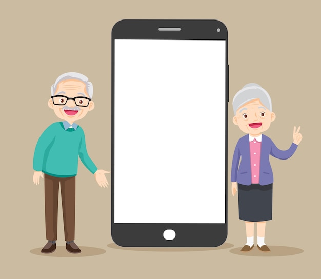 画面​に​老​夫婦​が​いる​スマート​フォン​。​祖父母​や​高齢​の​親​と​の​ビデオ​通話​。