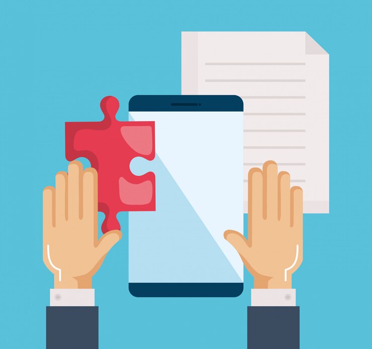 Free Vector smartphone with puzzle, document and hands
