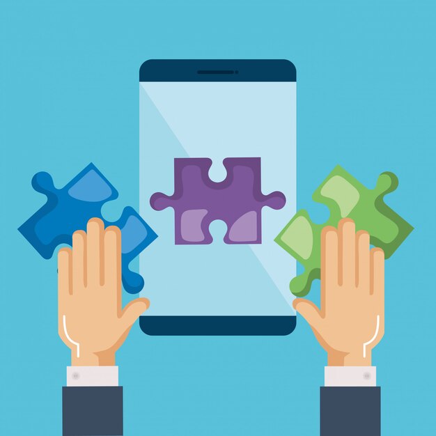 Smartphone with puzzle pieces and hands