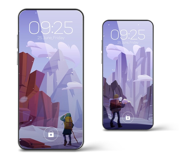 Free vector smartphone with screensaver wallpaper with winter mountain landscape and hiker