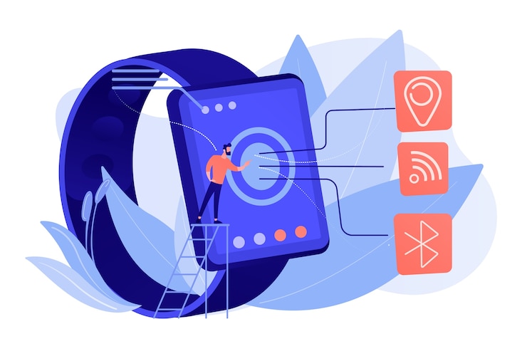 Free Vector smartwatch with wi-fi, bluetooth and gps. wireless connectivity, bluetooth and wi-fi technology , nfc and gps technology concept pinkish coral bluevector isolated illustration