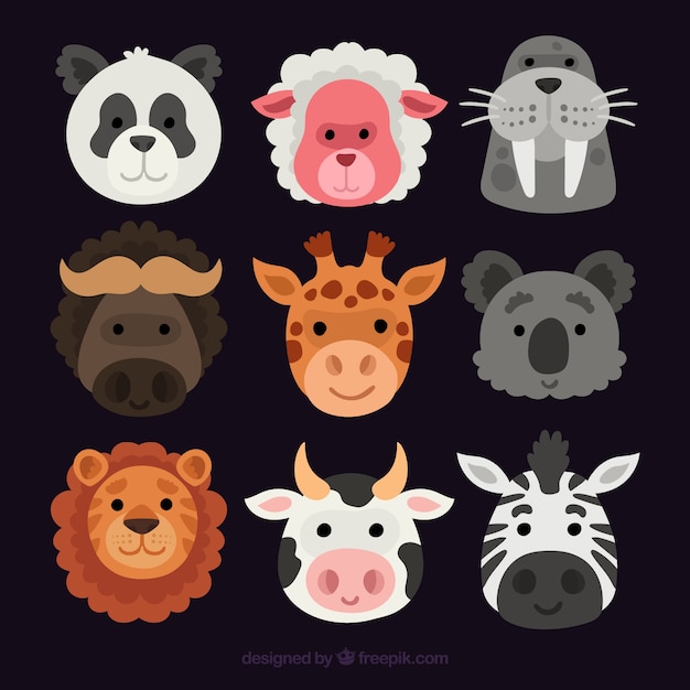 Free vector smiley animal faces with flat design
