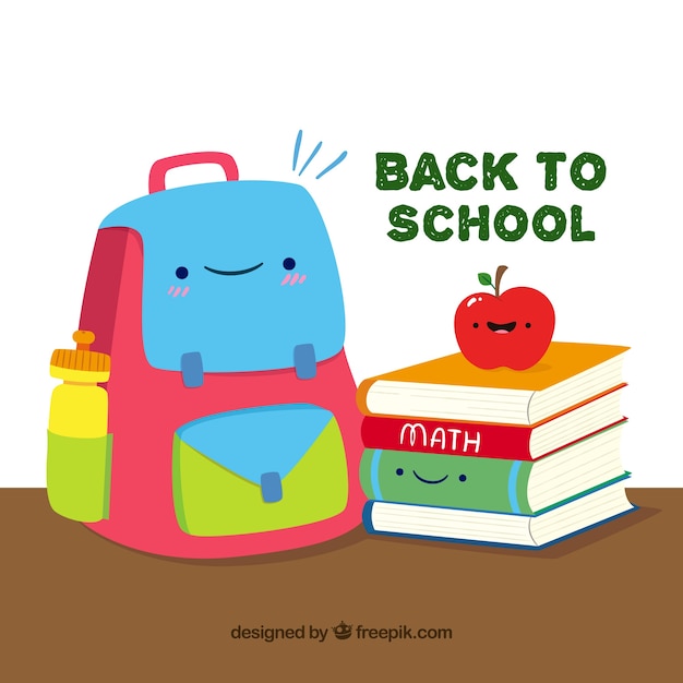 Smiley backpack, apple and book with flat design