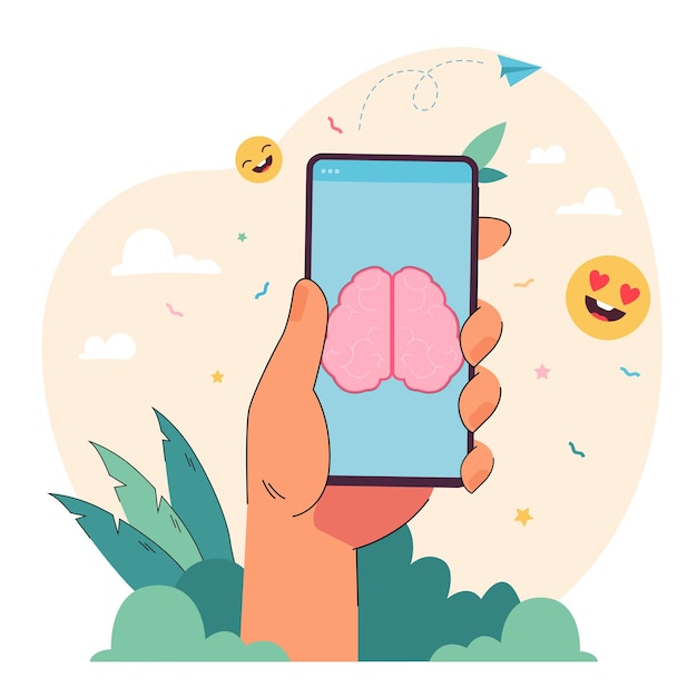 웃는 얼굴과 화면에 두뇌와 함께 손을 잡고 전화. 사람은 앱 또는 서비스 평면 벡터 일러스트레이션을 통해 정보를 학습합니다. 기술, AI, 배너 교육 개념, 웹사이트 디자인
