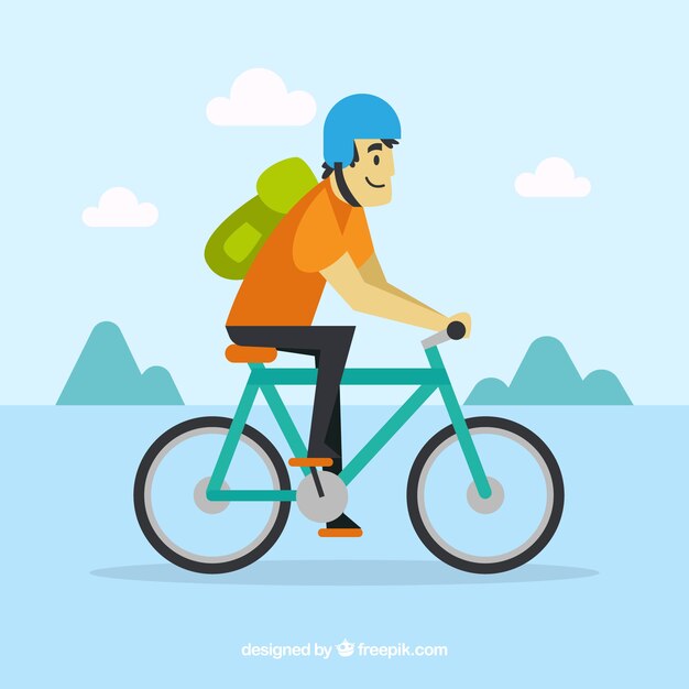 Smiley guy on bike with helmet and backpack