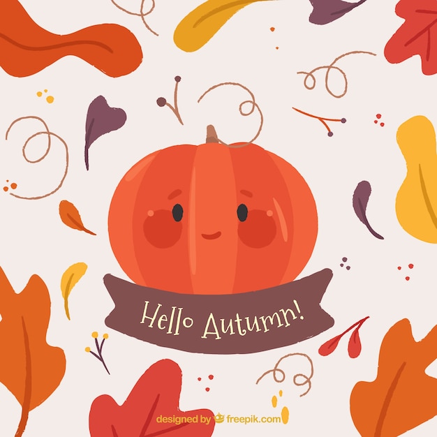 Free vector smiley pumpkin and colorful autumn leaves