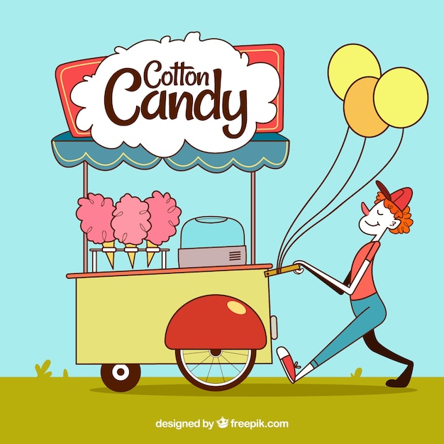 Smiley seller with candy cotton cart and balloons