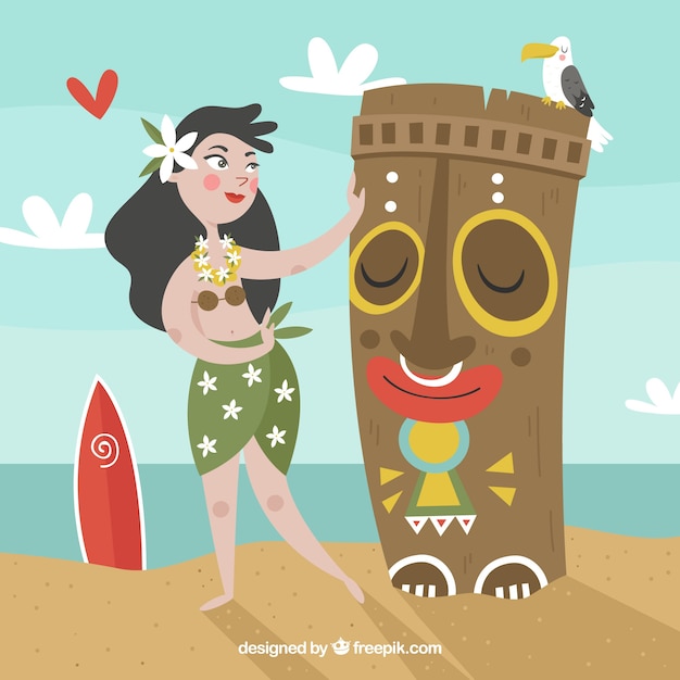 Free vector smiley tiki totem and hawaiian dancer