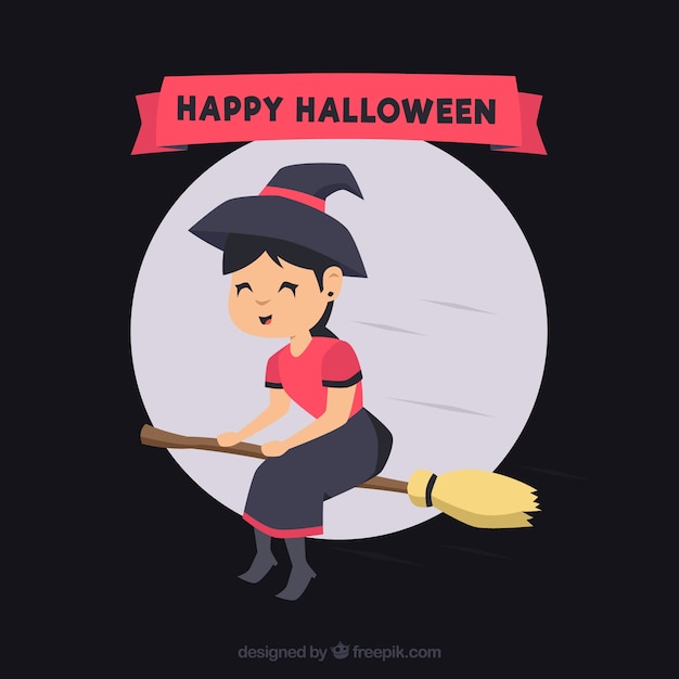 Free vector smiley witch with broom and full moon