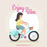 Free vector smiley woman riding bike with flat design