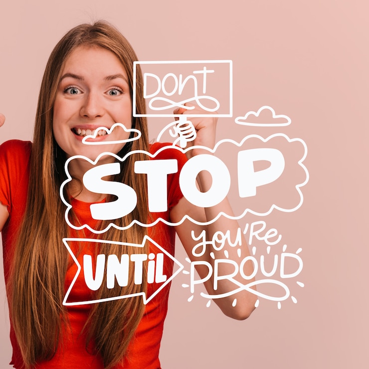 Free Vector smiley woman don't stop until you are proud lettering