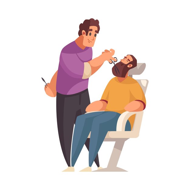 Smiling barber cutting man beard flat