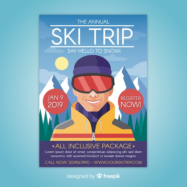 Free vector smiling boy ski trip poster