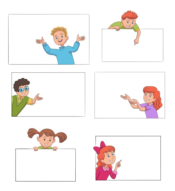 Smiling boys and girls pointing on banners Blank empty posters sheets of paper with copy space set