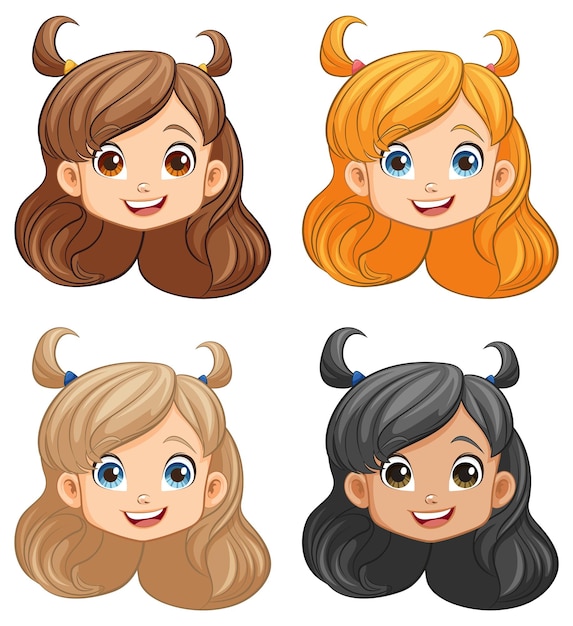 Smiling cartoon character four cute girl heads