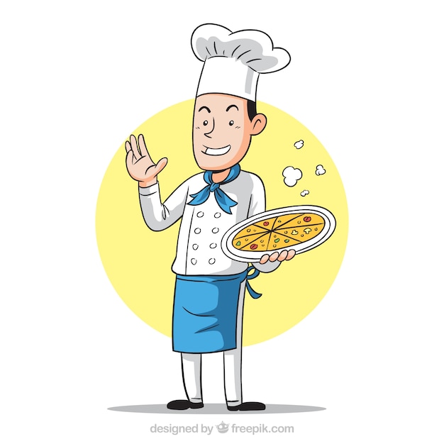 Smiling chef with delicious pizza