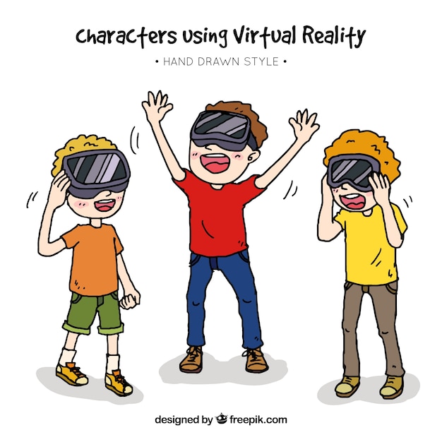 仮想現実メガネをかけて笑顔の子供たち