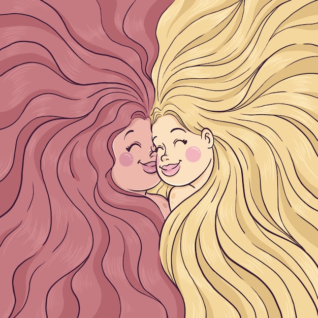 Smiling couple of girls with long hair illustration