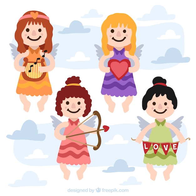 Smiling cupid characters holding different items