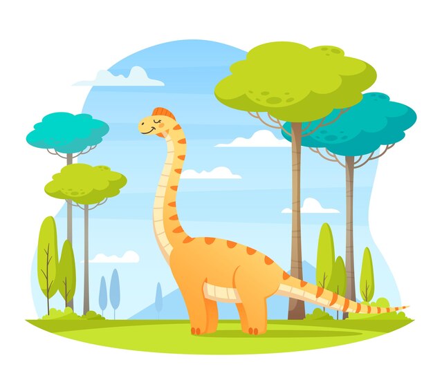 Smiling dinosaur in nature cartoon illustration