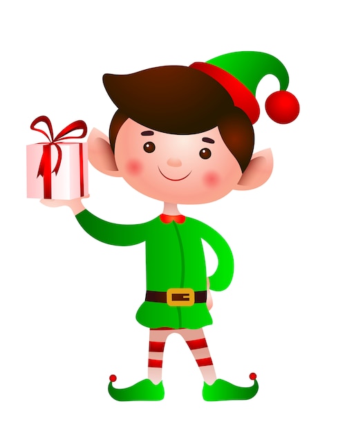 Smiling elf holding gift box illustration