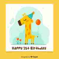 Free vector smiling giraffe first birthday card template