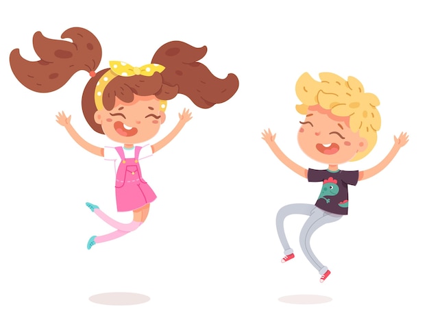 Free vector smiling girl and boy jumping for joy and hands up cute children isolated persons on white background