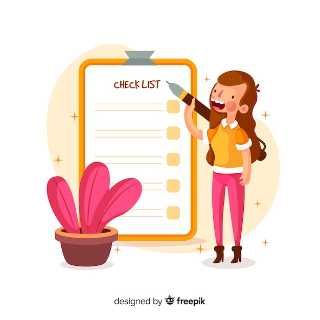 Smiling girl checking giant check list background