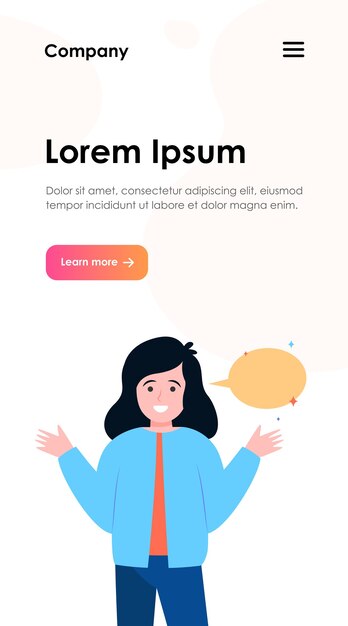 웃는 소녀와 빈 연설 거품. 손, 말하기, 대화. 웹 사이트 디자인 또는 방문 웹 페이지에 대한 통신 및 메시지 개념